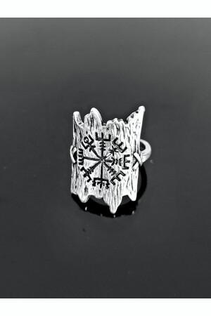 Antik versilberter, verstellbarer Wikinger-Kompass-Vegvisir-gemusterter, schildförmiger Ring - 1