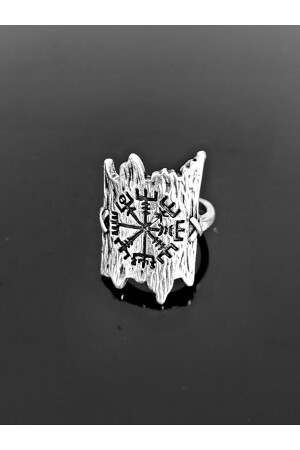 Antik versilberter, verstellbarer Wikinger-Kompass-Vegvisir-gemusterter, schildförmiger Ring - 2