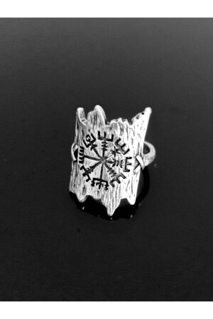 Antik versilberter, verstellbarer Wikinger-Kompass-Vegvisir-gemusterter, schildförmiger Ring - 3