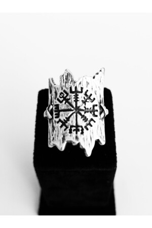 Antik versilberter, verstellbarer Wikinger-Kompass-Vegvisir-gemusterter, schildförmiger Ring - 4