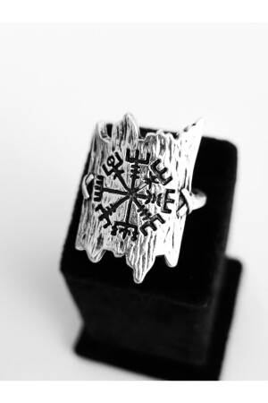 Antik versilberter, verstellbarer Wikinger-Kompass-Vegvisir-gemusterter, schildförmiger Ring - 5