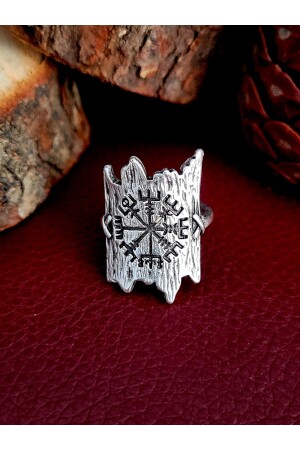 Antik versilberter, verstellbarer Wikinger-Kompass-Vegvisir-gemusterter, schildförmiger Ring - 6