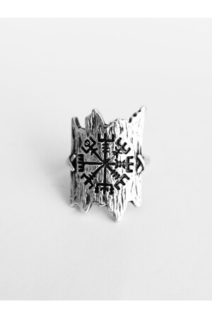 Antik versilberter, verstellbarer Wikinger-Kompass-Vegvisir-gemusterter, schildförmiger Ring - 8