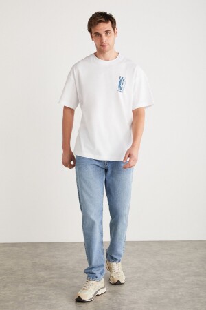 ANTONIO Erkek %100 Pamuk Kısa Kollu Önü Baskılı Oversize Beyaz T-Shirt - 1