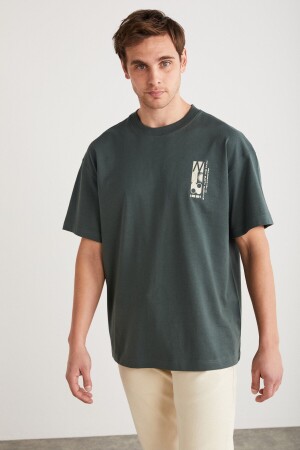 ANTONIO Erkek %100 Pamuk Kısa Kollu Önü Baskılı Oversize Yeşil T-Shirt - 1