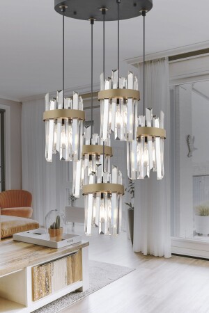 Apatit 5-teiliger runder schwarzer Trommelkristallstein moderner Korridor-Schlafzimmer-Wohnzimmer-Kristall-Kronleuchter 3944-05Y-BL - Apliqa