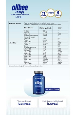 Apidemica Allbee Energy (Gelée Royale, Propolis, Perga, Pollen, 11 Vitamine, Ginseng, 6 Mineralien) Multivitamin-Tablette - 6