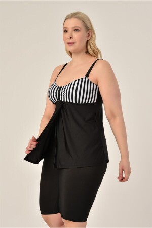 Aquaviva Damen-Tankini in Übergröße, schwarz, dünn, gestreift, mit zweireihigen Shorts - 1