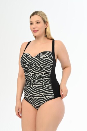 Aquaviva Kadın Siyah Zebra Desen Büyük Beden Daria Toparlayıcı Drape Detaylı Mayo - 1