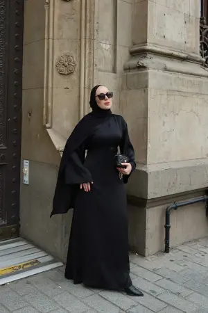 Arabic Belden İpli Oturtmalı Saten Elbise Siyah - Nuuwears
