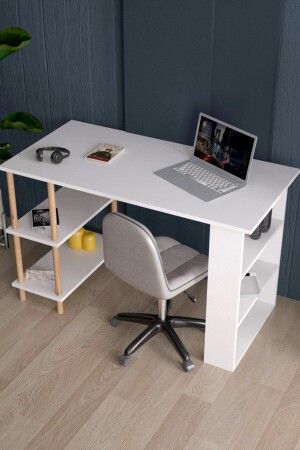 Arbeitstisch, Computertisch, Büro, Unterricht, Esstisch mit 4 Ablagen, Holzbeinen – Weiß MASA01 - 1