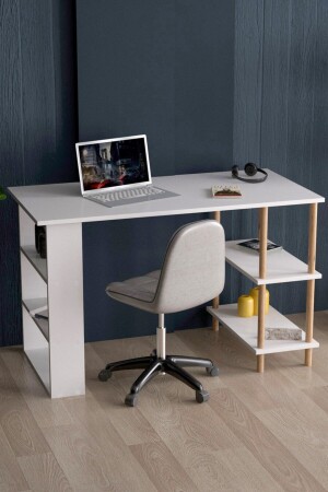 Arbeitstisch, Computertisch, Büro, Unterricht, Esstisch mit 4 Ablagen, Holzbeinen – Weiß MASA01 - 2