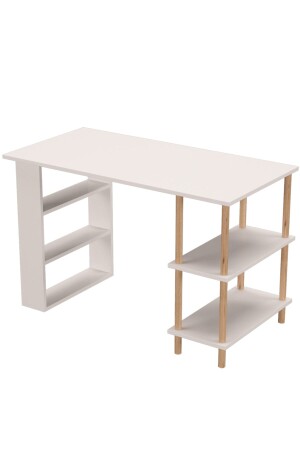 Arbeitstisch, Computertisch, Büro, Unterricht, Esstisch mit 4 Ablagen, Holzbeinen – Weiß MASA01 - 4