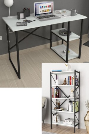 Arbeitstisch mit 2 Ablagen, Computertisch, Büro, Vorlesungspult + Bücherregal mit 5 Ablagen, Bücherregal aus Metall, Weiß Bfg+Ktp+2Regale - 1