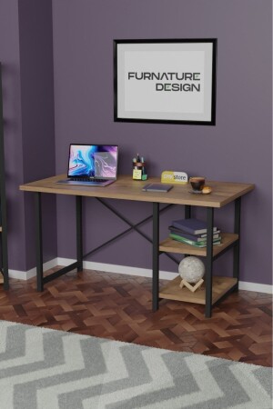 Arbeitstisch mit 2 Ablagen, Metall, Holz, 60 x 120, Büro-Computertisch, Atlantische Kiefer, FD-CALISMAMASASI-60120 - 1