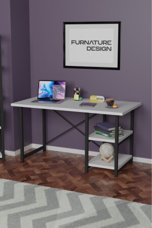 Arbeitstisch mit 2 Ablagen, Metall, Holz, 60 x 120, Büro-Computertisch, Weiß, FD-CALISMAMASASI-60120 - 1