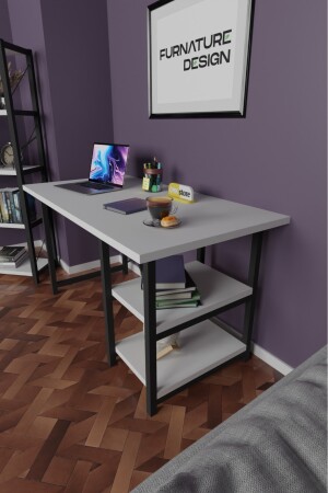 Arbeitstisch mit 2 Ablagen, Metall, Holz, 60 x 120, Büro-Computertisch, Weiß, FD-CALISMAMASASI-60120 - 3