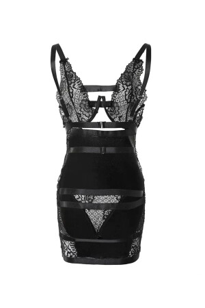Arkası Lastik Dekolteli Önü Deri Dantel Detaylı Mini Özel Kadın Elbise Siyah - 3