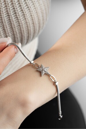 Armband aus 925er-Sterlingsilber mit Fischgrätmuster und Baguette-Stein-Stern-Kette - 2