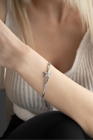 Armband aus 925er-Sterlingsilber mit Fischgrätmuster und Baguette-Stein-Stern-Kette - 3