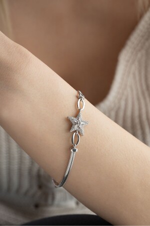 Armband aus 925er-Sterlingsilber mit Fischgrätmuster und Baguette-Stein-Stern-Kette - 5