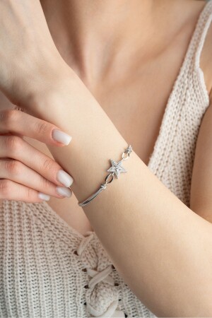 Armband aus 925er-Sterlingsilber mit Fischgrätmuster und Baguette-Stein-Stern-Kette - 6