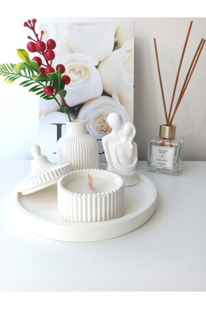 Art Özel Tasarım Beyaz Renk Kokulu Mum- Biblo ve Vazo Aksesuar Seti - 1