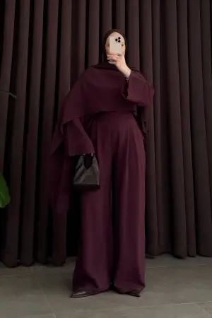 Asimetrik Şal Yaka Premium Takım Bordo - Nuuwears