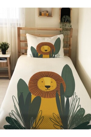 Aslan Desenli Bebek Ve Çocuk Baskılı Tek Kişilik Pike Takımı 160x230 Beyaz 23649 - Evmila