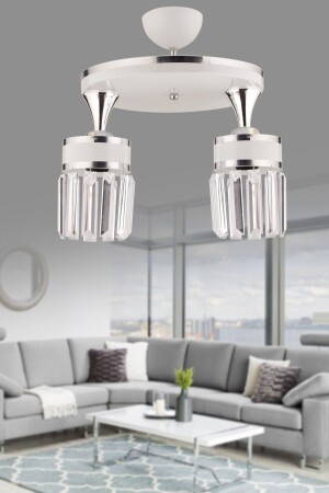 Aslı 2li Profenyer Kristal Taşlı Beyaz Krom Yaldızlı Modern Lüks Avize 2008 - KUZEY AYDINLATMA