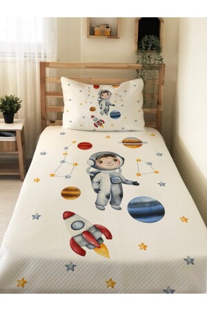 Astronot Desenli Bebek Ve Çocuk Baskılı Tek Kişilik Pike Takımı 160x230 Beyaz 83922 - 2