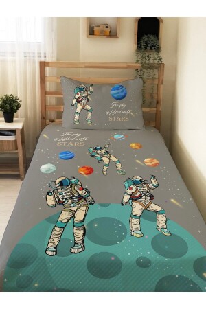 Astronot Desenli Bebek Ve Çocuk Baskılı Tek Kişilik Pike Takımı 160x230 Gri 13781 - 1