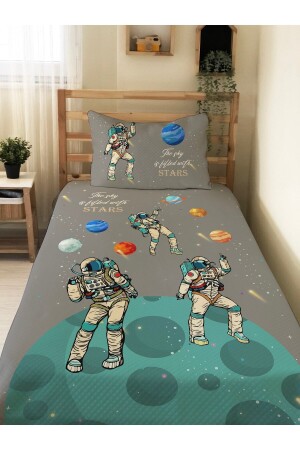 Astronot Desenli Bebek Ve Çocuk Baskılı Tek Kişilik Pike Takımı 160x230 Gri 13781 - 3