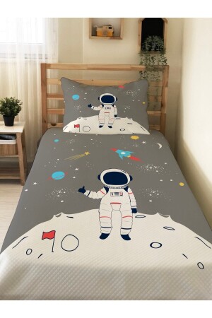 Astronot Desenli Bebek Ve Çocuk Baskılı Tek Kişilik Pike Takımı 160x230 Gri TYC00855455306 - 2