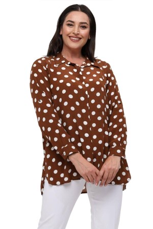 Auffälliges braunes Polka-Dot-Shirt: Spezielles Design für Frauen in Übergrößen - 1