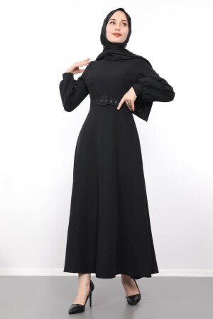 Ausgestelltes Hijab-Kleid für Damen mit Gürtel, Schwarz 4203110 - 2