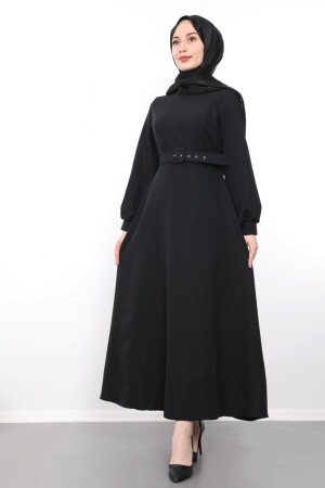 Ausgestelltes Hijab-Kleid für Damen mit Gürtel, Schwarz 4203110 - 3