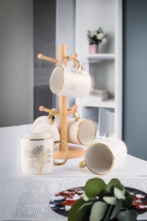 Autumn Gold Detaylı Hayat Ağaç Desenli Bambu Standlı 6'lı Kupa Seti - Vadi