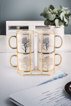 Autumn Gold Detaylı Hayat Ağaç Desenli Standlı 4'lü Kupa Seti - Vadi