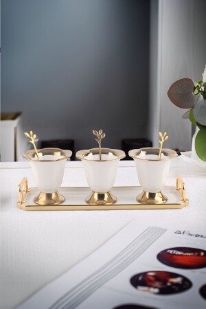 Autumn Gold Detaylı Metal Kaşıklı Porselen 3'lü Dondurma Kase Seti Çerezlik Reçellik Sosluk - Vadi