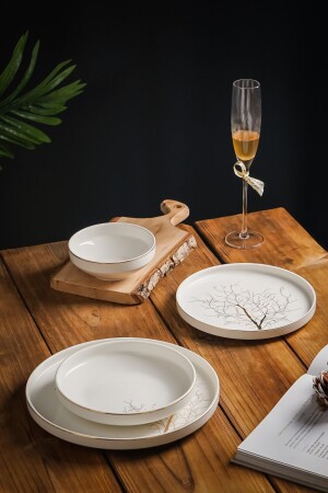 Autumn Modern Altın 24 Parça 6 Kişilik Hayat Ağacı Desenli Porselen Yemek Takımı Yuvarlak - Vadi