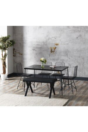 Aybüke Siyah Mermer Görünümlü Metal Ayaklı Mutfak Masası Ve Bench Takımı AYBÜKE80X120 - 1