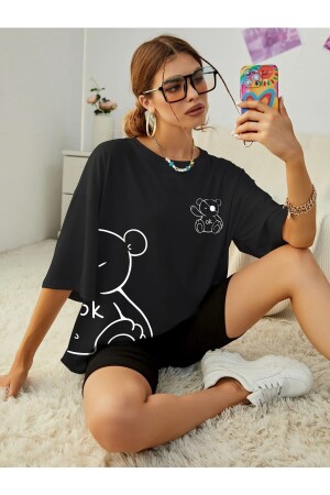 Ayıcık Baskılı Kadın Oversize Salas T-shirt Boyfriend - 1