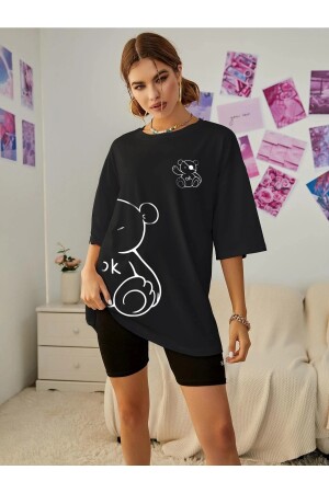 Ayıcık Baskılı Kadın Oversize Salas T-shirt Boyfriend - 3