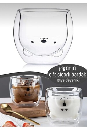 Ayıcıklı Çift Cidarlı Tasarım Cam Bardak - Hediyelik Çift Cidarlı Ayıcık Bardak 250 Ml - 2