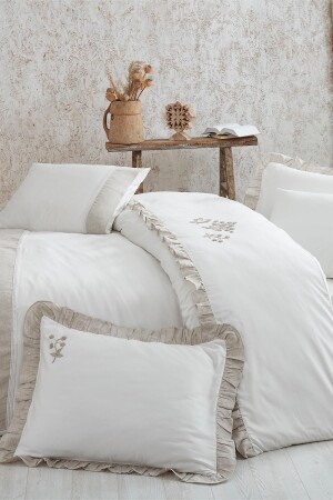 Ayliz King-Size-Bettbezug-Set, 100 % Bio-Baumwollsatin, handbestickt, Creme, 240 x 220 cm, NVRAYL220 x 240 - 2