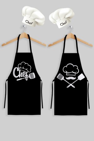 Ays Home Black Cook Chef Küchenschürzen-Set mit Doppelhut (2 Hüte und 2 Schürzen) - 1