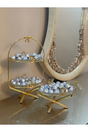 Azade Bakır Iki Katlı Ve Tek Katlı Sunumluk Çerezlik Şekerlik Seti - Kardelen Kristal