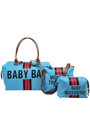 Baby Bag Tasarım Çizgili 3 Lü Set Mavi Anne Bebek Bakım Ve Kadın Çantası - 1
