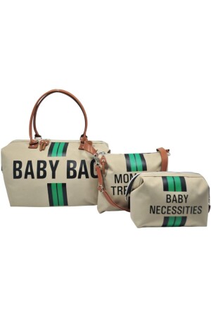 Baby Bag Tasarım Yeşil Çizgili 3 Lü Set Bej Anne Bebek Bakım Ve Kadın Çantası - 1